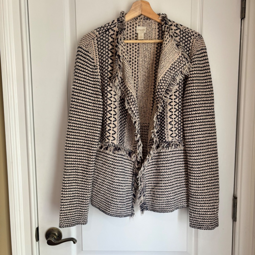 Chicos‎ Geometric Fringe Open Front Cardigan Jacket Navy Cream Size 2 Large